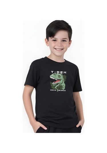 T-rex Baskılı Erkek Çocuk Kısa Kollu Tişört Siyah