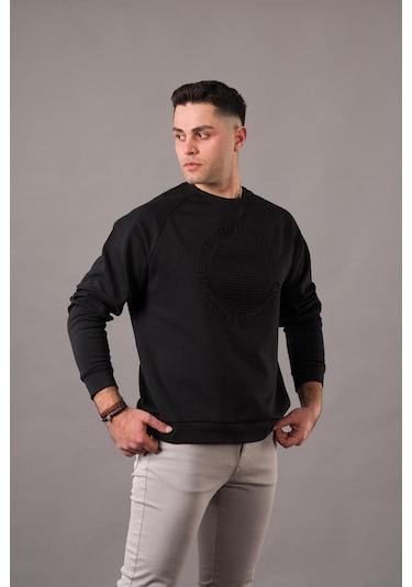 Oversize Baskılı Sıfır Yaka Pamuklu Erkek Sweatshirt 001