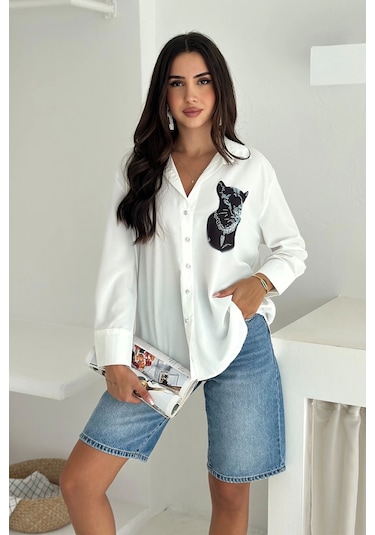 Jaguar Desen Baskılı Taşlı Gömlek Beyaz