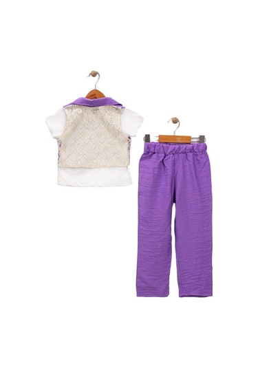 Dantel Detay Kız Çocuk Takım Yelekli Kız Çocuk Takım Lila