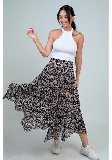 Kadın Beli Lastikli Astarlı Mini Çiçekli Midi Kraşlı Üçgen Etek-41724 Siyah