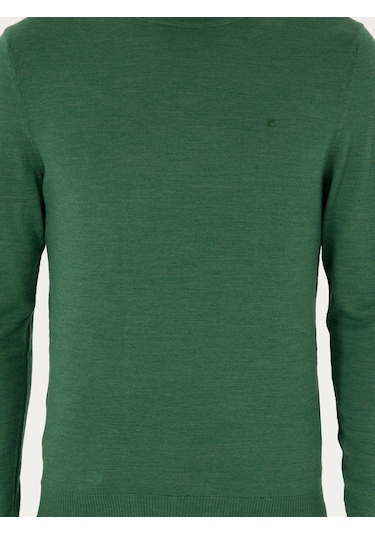 Cacharel Açık Yeşil Slim Fit Yün Karışımlı Bisiklet Yaka Basic Triko Kazak Acık Yesıl