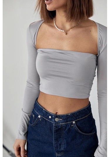 Kara Yaka Uzun Kollu Crop - Taş Karışık