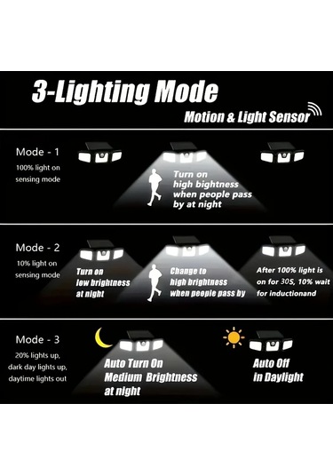 Xuweiwei Güneş Enerjili Üç Başlı Duvar Lambası Solar Led Ayarlanabilir Yön Sensörlü Üç Modlu Avlu Bahçe Kaldırım