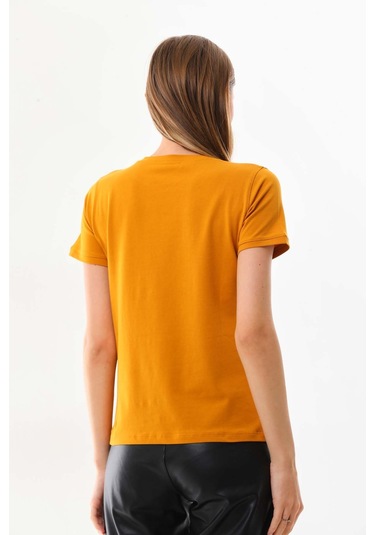 Sistas Kadın Yazı Detaylı Kısa Kol Pamuklu Bluz 23042 Safran