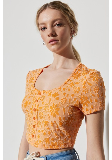 Regular Fit Normal Kesim Bisiklet Yaka Turuncu Crop Bluz Turuncu