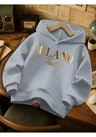 Kışlık Kapüşonlu Sweatshirt, Çocuk We Milano İtaliy Baskılı Gri