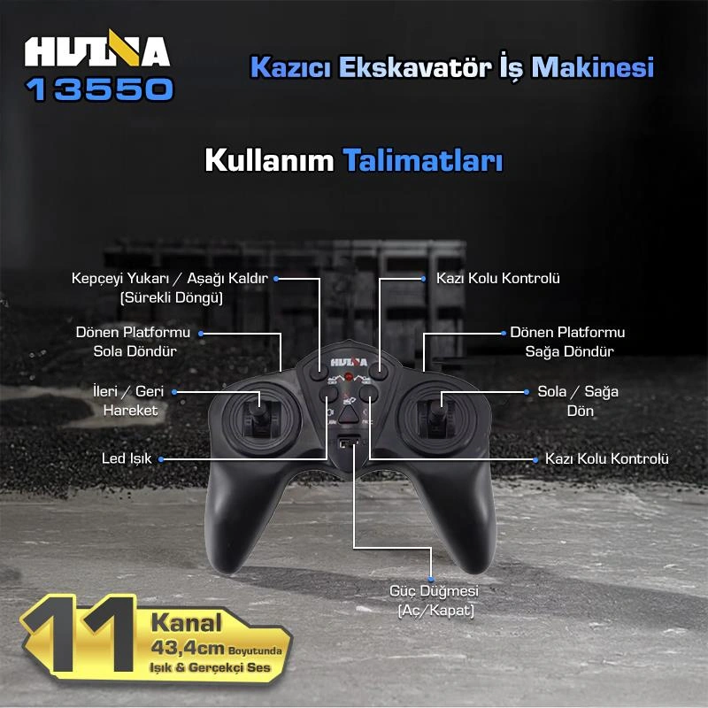 Huına Kaliwo 13550 1/18 11ch Kazıcı Ekskavatör İş Makinesi İnşaat Uzaktan Kumandalı Rc Model Metal Kepçeli Mavi - 2.4ghz Gerçekçi Similasyon Ses Ve Işık Sistemi Huına13550/blue