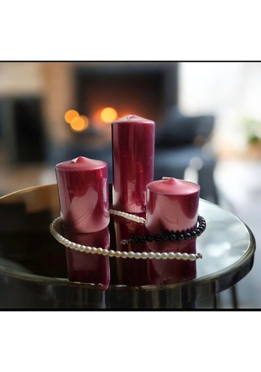 Denic 3 lü Mum Seti  Metalik Kırmızı Blok Mum  Konik Silindir Mum   Baton Mum
