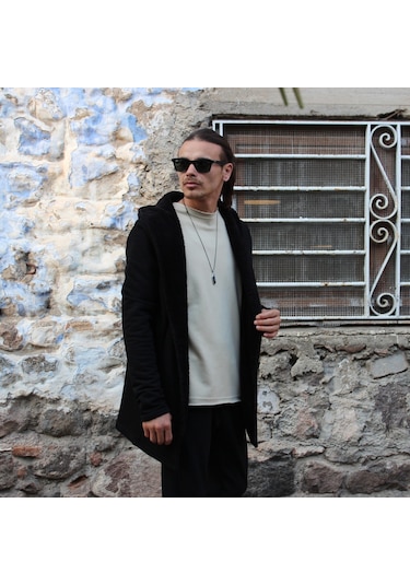 3 İplik Şardonlu Polar İçi Peluş Detaylı Kapşonlu Panço Ceket Siyah