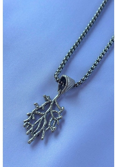 Ağaç Dalı El İşçiliği Paslanmaz Çelik Zincir Erkek Kolye Gümüş