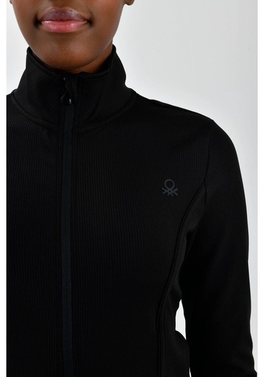 Kadın Sol Göğsü Logo Detaylı Fermuarlı Sweatshirt Siyah