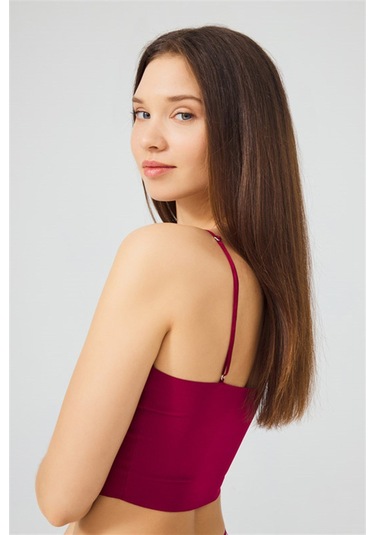 Vişne Ayarlanabilir İnce Askılı Lazer Kesim Kadın Crop Büstiyer Çok Renkli