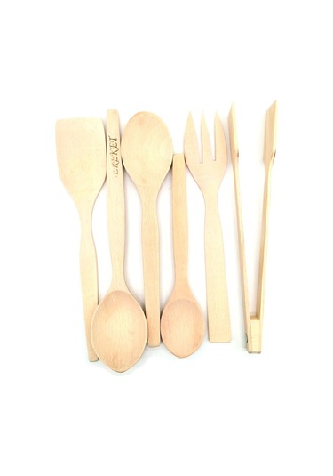 Elegancev Ham Ahşap Kaşık Maşa Spatula Servis Seti 6'lı