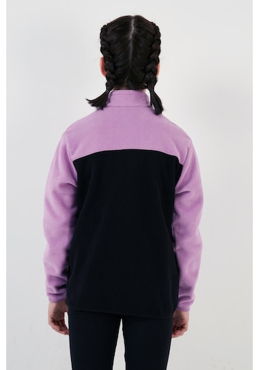 Lela Yumuşak Dokulu Fermuarlı Renk Bloklu Dik Yaka Cepli Hırka Unisex Çocuk Polar 5905001 Lila-Siyah