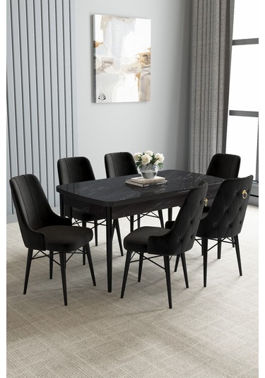 Jusie Siyah Mermer Desen 80x132 Açılabilir Mutfak Masası Takımı 6 Adet Sandalye Siyah