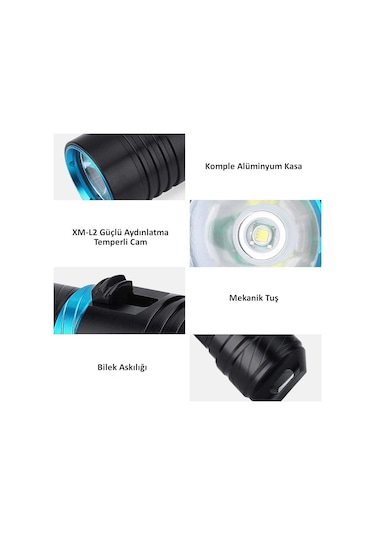 Valkyrie Profesyonel Şarjlı Su Altı Dalış Feneri Metal Kasa Yüksek Aydınlatma Su Geçirmez 2000mah Kutulu