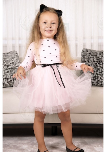 Puantiyeli Kız Çocuk Uzun Kollu Doğum Günü Ve Özel Günler İçin Tüllü Elbise Pembe