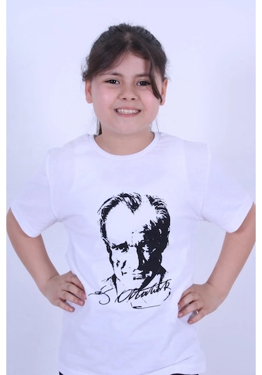 Atatürk Baskılı İmzalı Beyaz Unisex Çocuk T-shırt-beyaz Beyaz