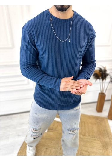 Uzun Kollu Tişört Fitilli Bisiklet Yaka Yumuşak Dokulu Tüylenmez Pamuklu Kazak Sweatshirt Lacivert