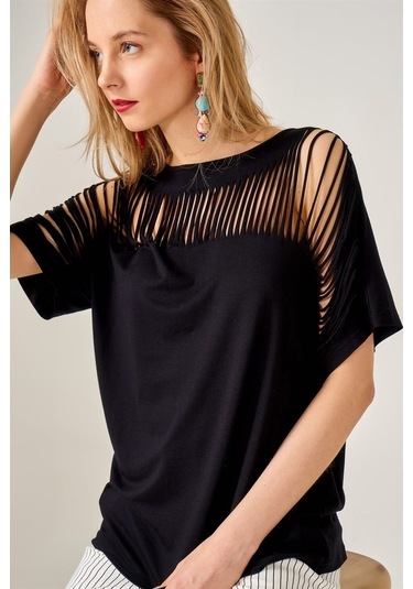 Kadın Lazer Kesim Siyah Bluz-Siyah