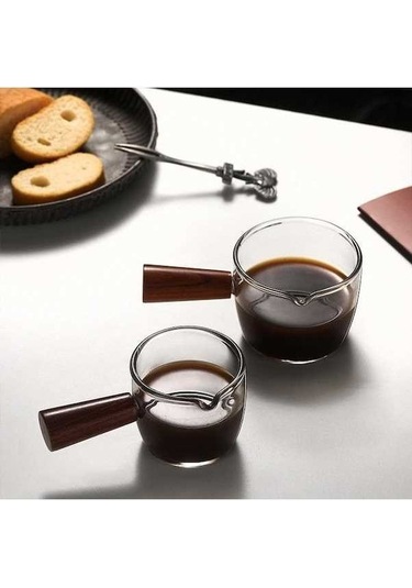 Pazly Isıya Dayanıklı Cam Ölçüm Kabı Süt Fincanı Ölçekli Mutfak Jigger Espresso Kahve İçin Çift Ağızlı Ons Fincan Ahşap Saplı 70ml Şeffaf