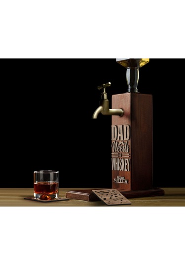 Bk Gift Kişiye Özel Kabartma İsimli Baba Tasarımlı Musluklu Ahşap Viski Standı-6 Viski Çeşmesi, Doğum Günü Hediyesi, Babaya Hediye Kobitmeyen138061 Bk