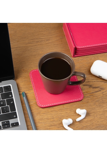 Bardak Altlığı,6 Lı Set,masaüstü Kare Cup Coaster,vegan Suni Deri,11x11 Cm.,fuşya