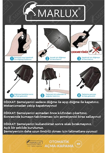 Marlux Ekstra Güçlendirilmiş Tam Otomatik Rüzgar Şemsiyesi 10 Fiber Tel Siyah Mpr2011m Siyah