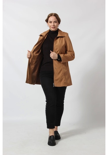 1616 Fermuarlı Cep Detaylı Kapuşonlu Bondit Ceket Camel