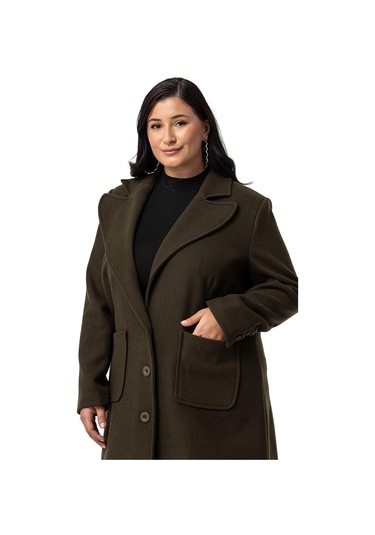 Büyük Beden Ceket Yaka Torba Cepli Astarlı Uzun Haki Kaşe Kaban-haki Haki