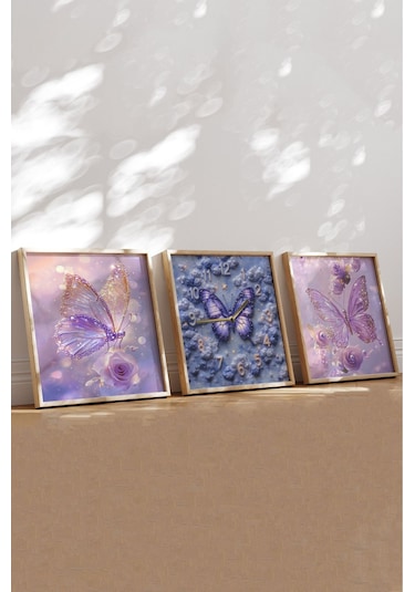 Mor Kelebekli Mdf Tablo Seti Ahşap Çerçeveli 3 Lü Saatli Kombin Renkli