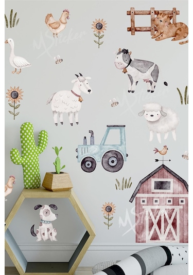 MSticker Çiftlikte Sevimli Hayvanlar Temalı Çocuk Bebek Odası Duvar Cam Sticker Seti