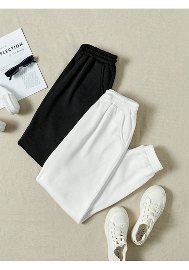 2'li Basic Düz Eşofman Altı Jogger - Siyah Ve Beyaz Lastik Paça Yüksel Bel Siyah Beyaz