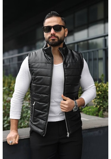 Basic Slim Fit Deri Yelek Siyah