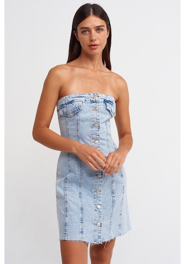 Dilvin 90524 Eteği Dikişsiz Kloş Denim Elbise-Mavi