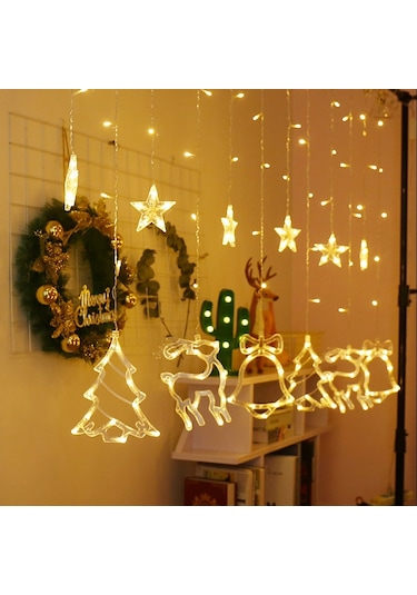 Sones Led Perde Işıkları Noel Dekorasyonu Çan Ve Geyik Işık Dizisi, Güç Kaynağı: 220v Ab Fişi Sıcak Beyaz Işık
