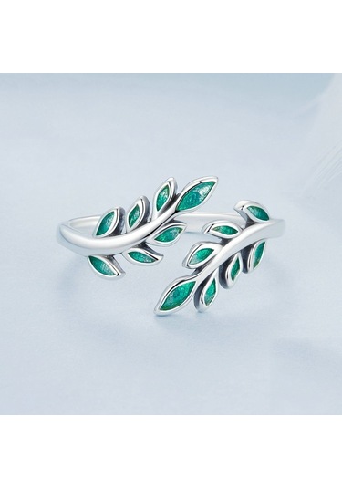 S925 Sterling Silver Green Leaf Open Adjustable Ring Bsr542-e Çok Renkli