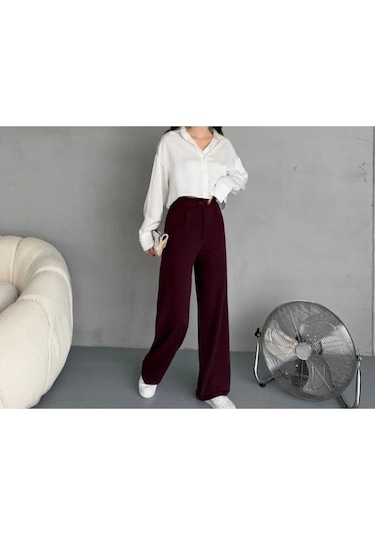 Nevege Butik Kadın Örme Kumaş Full Likralı Düğmeli Palazzo-bordoo02 Bordo0102 Bordo