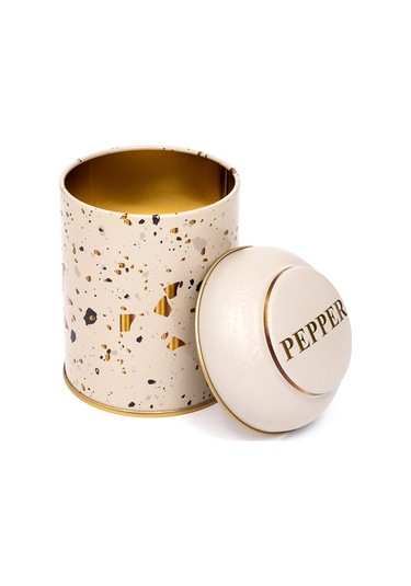Terrazzo Cream Desenli Yuvarlak Metal Kutu, 9 X 11 Cm, 0.6 Lt