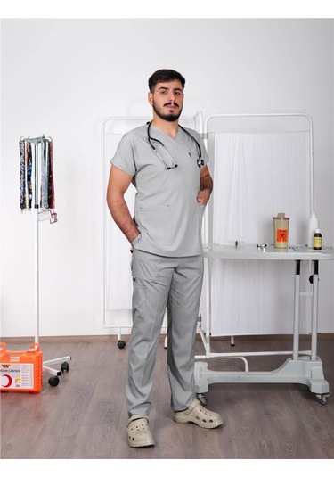 Likralı Cerrahi Forma Unisex Hemşire Doktor Sağlıkçı Forması Scrubs Üniforma Açık Gri