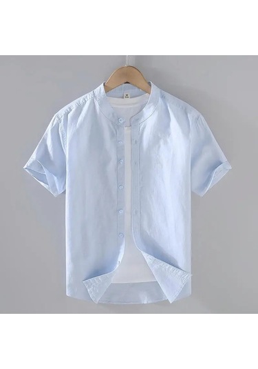 Zeeshant Pamuk Keten Erkek Kısa Kollu Gömlek Yaz Streetwear M-3xlmavierkek Mavi