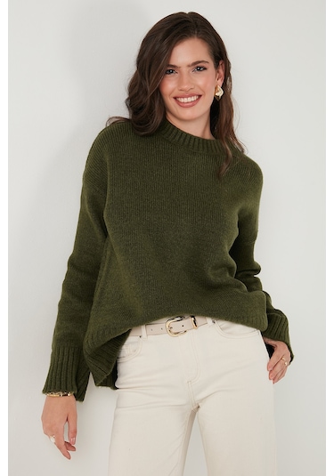 Lela Regular Fit Bisiklet Yaka Basic Triko Bayan Kazak 4616213 Haki