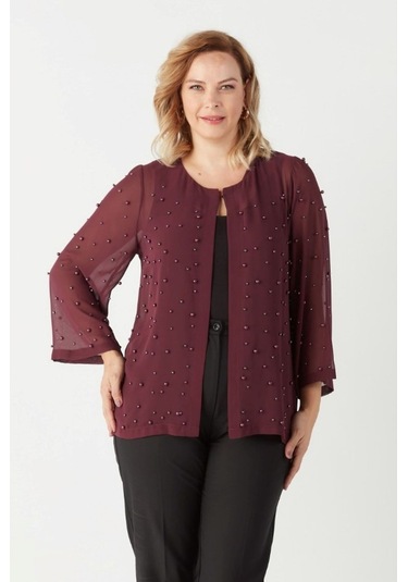 1951 Mürdüm İnci Ve Taş Baskılı Şifon Büyük Beden Şık Ceket Mürdüm