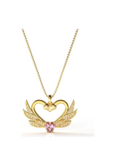 925 Ayar Zirkon Taşlı Gold Birleşen Kuğular Kalp Motifli Gümüş Aşk Kolyesi Gümüş - Rodyum