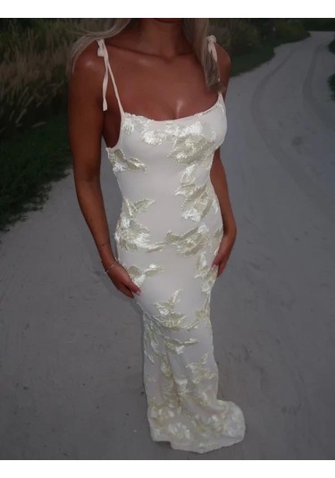 Beyaz Ayarlanabilir Askılı Çiçekli Astarlı Maksi Beyaz