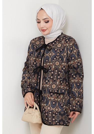 Etnik Desen Bağlamalı Kapitone Ceket 1618 - Siyah Siyah