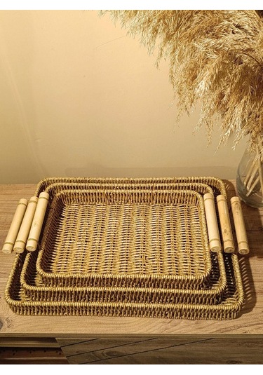 Hasır Rattan Sunum Tepsi 3'lü Organizer Bambu Kulplu Dikdörtgen Diğer