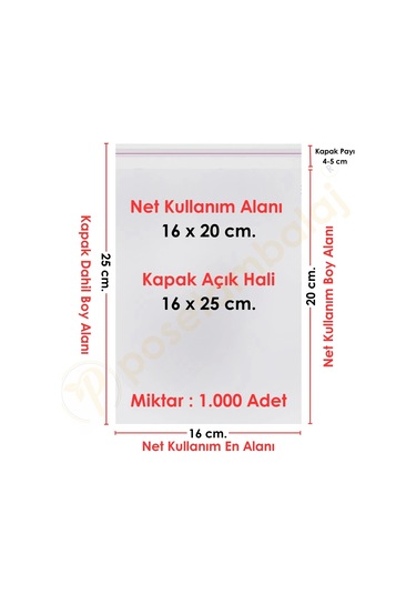 16x20+5 Cm. 16x25 1.000 Adet Şeffaf Bantlı Yapışkanlı Opp Poşet