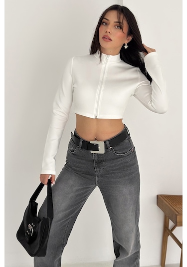 Kadın Fermuarlı Crop Ceket Dinamik & Modern Stil Beyaz